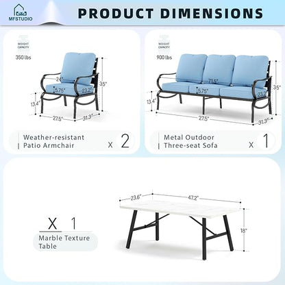 MFSTUDIO 4 Pieces Patio Conversation Sets(5 Seat),Outdoor Metal Furniture Sofas with 1 Loveseat(3 Seat), 2 Single Chairs,1 Coffee Table,Wrought Iron with Blue Cushion for Patio Courtyard Balcony