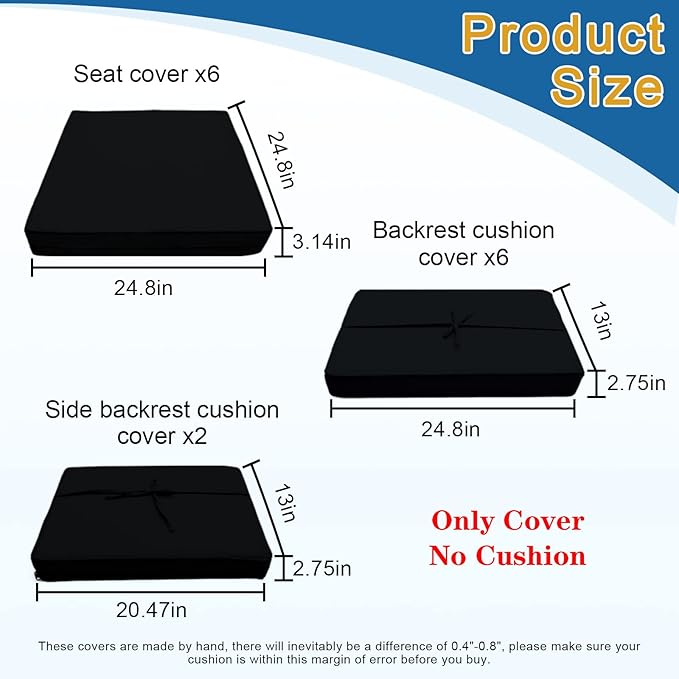 14 PCs Patio Cushion Covers for 7 PCs Outdoor Furniture Sectional Seating Sets Water Resistant Plus 2 Throw Pillows (Black, 24.8(L)*24.8(W)*3.14(T) inches)