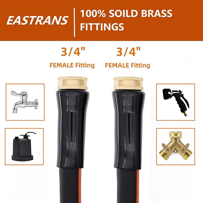 EASTRANS Female to Female Garden Hose 3 ft x 5/8", Heavy Duty Short Water Hose with 3/4" Solid Brass Connector, Flexible, Lightweight, Black & Orange