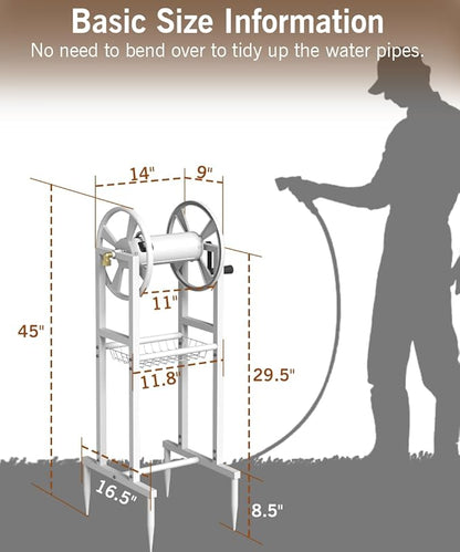 Garbuildman Ground Mount Garden Hose Reel Holds 125 Feet of 5/8-Inch with 3.9 ft Leader Hose, Brass Fitting, Water Hose Holder Stand with Storage Rack & 4 Spikes Base for Outdoor Lawn, White