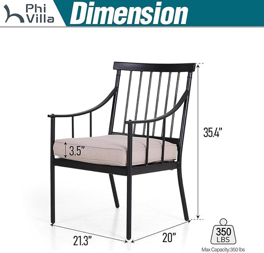 PHI VILLA Outdoor Metal Dining Chairs with Cushion, 300lbs Black Heavy Duty Weatherproof Chairs for Patio, Deck, Yard - Set of 2