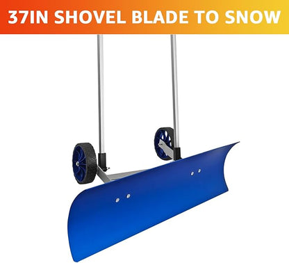 37-inch Snow Pusher Shovel with Wheels, Lightweight Aluminum Alloy Snow Plow for Driveway & Sidewalks, Reversible & Angled Blade, 90° Ergonomic Handle for Efficient Snow Removal, Back Saver