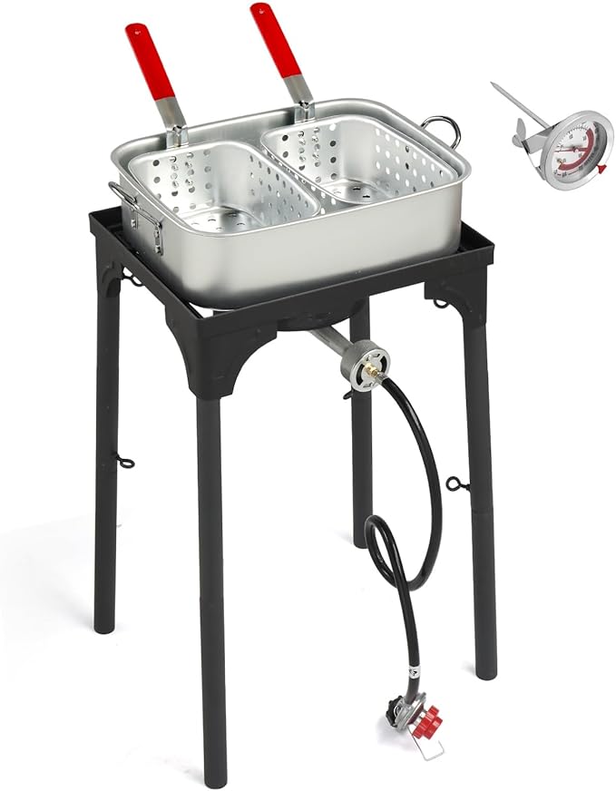 Bonnlo 18 QT Aluminum Fish Fryers Outdoor Cooking Pot, 55,000 BTU Propane Deep Fryer with Heightened Stove 2 Baskets & Thermometer for Frying Chicken Wings & French Fries for Backyard, Camping, Party