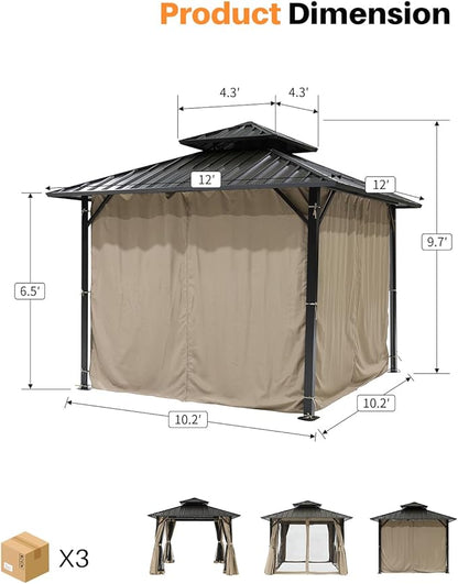 12' x 12' Hardtop Gazebo, Aluminum Frame Patio Hardtop Gazebos with Netting and Curtain, Outdoor Patio Pergola, Outdoor Patio Gazebo with Double Metal Roofs for Lawns, Garden, Deck, Sandstone