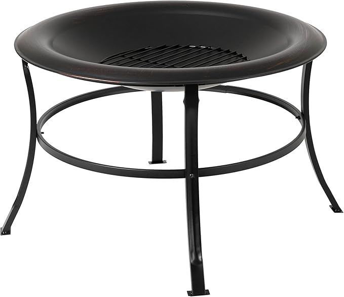 Fire Sense 62237 Fire Pit Tokia Steel Wood Burning Lightweight Portable Outdoor Firepit Rounded Lip & Curved Legs Included Wood Grate & Screen Lift Tool - 30" Round - Black