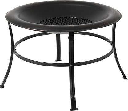 Fire Sense 62237 Fire Pit Tokia Steel Wood Burning Lightweight Portable Outdoor Firepit Rounded Lip & Curved Legs Included Wood Grate & Screen Lift Tool - 30" Round - Black