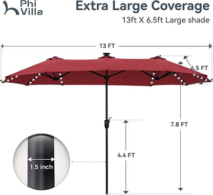 PHI VILLA 13ft Patio Umbrella with Solar-Powered 120 PCS LED Color-Changing Lights, Triple-Head Large Rectangle Umbrella Outdoor Patio for Table with Crank Lift,Red(No Base)