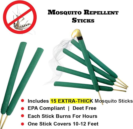 W4W Mosquito Repellent Sticks Extra-Thick - Outdoor Use Reaches Up to 10-12 feet - Each Stick Burns for hours - (3 Pack Contains 15 Repellents )