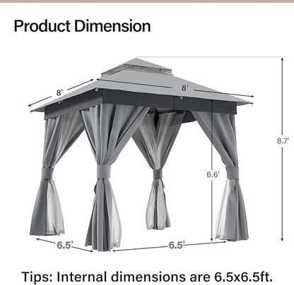 Outdoor Patio Gazebo 8FT, Heavy Duty Party Tent & Shelter with 2-Tier Roof and Expansion Bolts, Mosquito Nettings and Privacy Screens for Backyard, Garden, Poolside, Gray