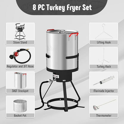 30 Qt Aluminum Turkey Fryer Pot with Stockpot Basket & 50,000 BTU Propane Gas Burner, Outdoor Deep Fryer & Seafood Boil Pot-Outdoor Cooker for Crawfish, Crab, Shrimp and Frying