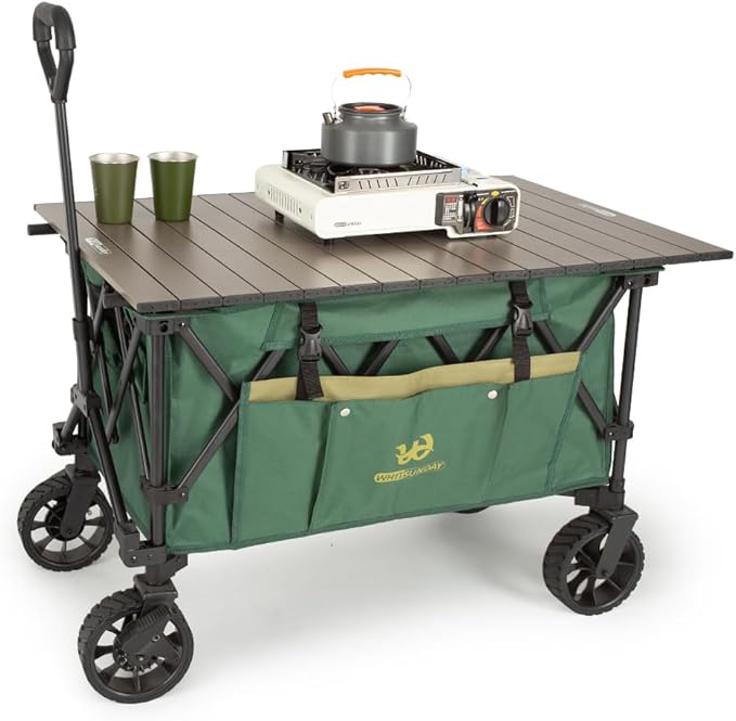 Whitsunday Folding Collapsible Utility Wagon, 400Lbs Heavy Duty Outdoor Park Beach Wagon with Table and Side Pocket for Garden Camping Sports Shopping Green