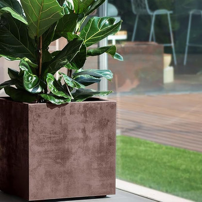 Deroma Millennium 10” Cube Planter | Light & Durable Plastic | Indoor or Outdoor Square Pot for Patio/Porch | Includes Water Reserve & Drain Plug | Trendy Planter for Plants, Flowers, Garden | Brown