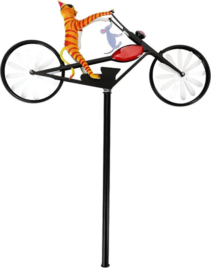 Vintage Cat Bicycle Wind Spinner, Funny Animal Riding Bike Metal Spinners Decoration Sculptures, Colorful Kinetic Pinwheels with Stakes for Yard Garden Lawn, Pet Pin Wheels Outdoor Decor