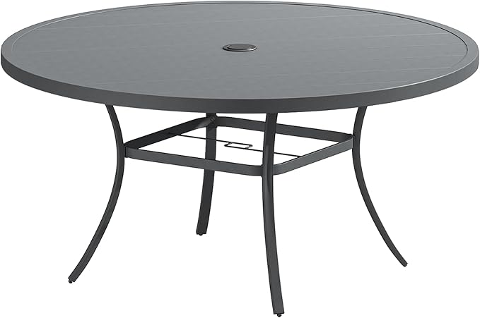 DIFY 60" Round Outdoor Patio Dining Table for 8-10, Metal Patio Table with 1.57" Adjustable Umbrella Hole, All-Weather Dining Furniture Table for Backyard Lawn Garden, Grey