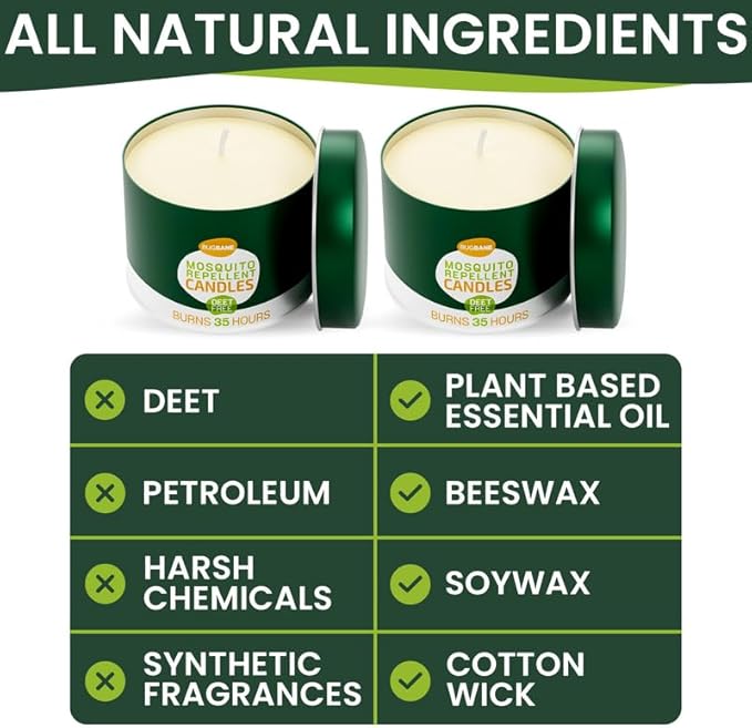 2 Mosquito Candles for Outside. Citronella Candles Outdoor Large. DEET Free with 5 Natural Essential Oils. Insect Fly Bug Candle Repellent Outdoor. Mosquito Repellent Candle Indoor Home Patio Camping