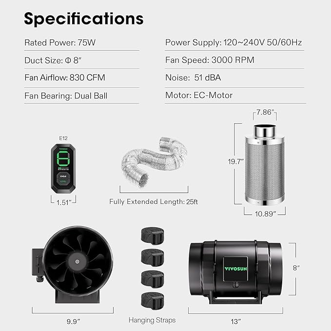 VIVOSUN Smart Air Filtration S8 Kit 8", AeroZesh S8 Inline Duct Fan with E12 Speed Controller, Carbon Filter & 25' Ducting, Cooling & Ventilation System for Grow Tents, Indoor Gardening, Hydroponics
