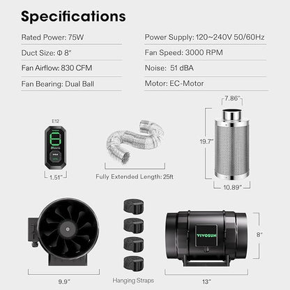 VIVOSUN Smart Air Filtration S8 Kit 8", AeroZesh S8 Inline Duct Fan with E12 Speed Controller, Carbon Filter & 25' Ducting, Cooling & Ventilation System for Grow Tents, Indoor Gardening, Hydroponics