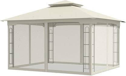 COOS BAY 10x12 Outdoor Patio Gazebo with Netting, Two-Tier Soft Top Canopy for Backyard, Lawn, Deck and Garden, Beige