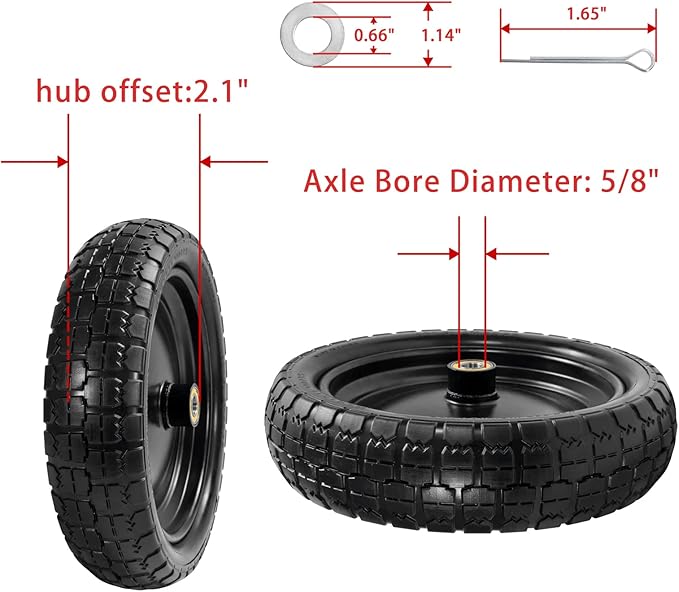 Parts Camp For Gorilla Cart Wheels 13-Inch replacement gorilla cart tires 4.00-6 Flat-free Solid Tire and Wheel For Hand Trucks/Garden Carts/Wheelbarrow/Dolly-5/8"Axle Borehole 2.1"Hub offset (2 Pack)