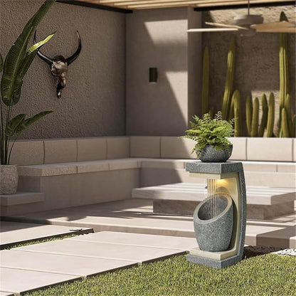 LuxenHome Water Fountain Outdoor, 32 Inch Resin Cascading Water Fountains Indoor with LED Lights, Modern Garden Decor, Small Waterfall Fountain, Outdoor Fountains and Waterfalls Garden Decor