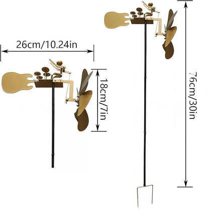 Handmade Metal Drummer Rock Band Windmill, Wind Powered Kinetic Sculpture, Garden Outdoor Wind Mill Spinner for Yard Lawn Garden Patio Rockin Art Figurine Decor (Gold)