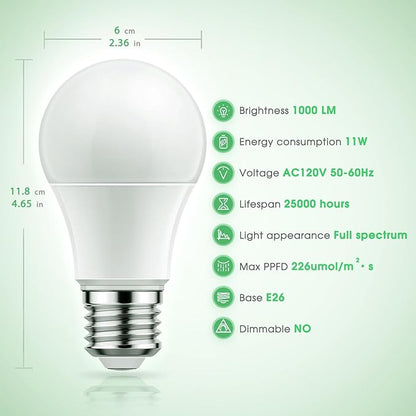 Briignite Full Spectrum LED Grow Light Bulb - A19 E26 Base, 11W (100W Equivalent) - for Indoor Plants, Seed Starting - 3 Pack