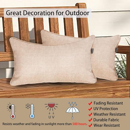 Magpie Fabrics Pack of 2 Outdoor Waterproof Lumbar Rectangular Throw Pillow with Insert 12x20 Inch, Home Decorative Toss Cushion for Patio Garden Car Office (Light Brown Textured)