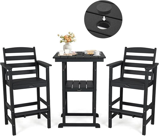 FUNBERRY Outdoor Bar Set with Umbrella Holes, Tall Adirondack Chairs and Table, All Weather HDPE Bar Height Outdoor Table and Chairs Set for Bistro Patio Balcony