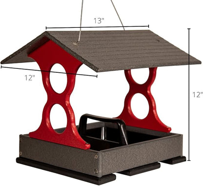 JCS Wildlife Medium Poly Fly-Thru Bird Feeder w/Removable Seed Tray - Holds 4 Cups of Bird Seed to Attract Cardinals, Chickadees, and More Backyard Birds (Gray and Red)