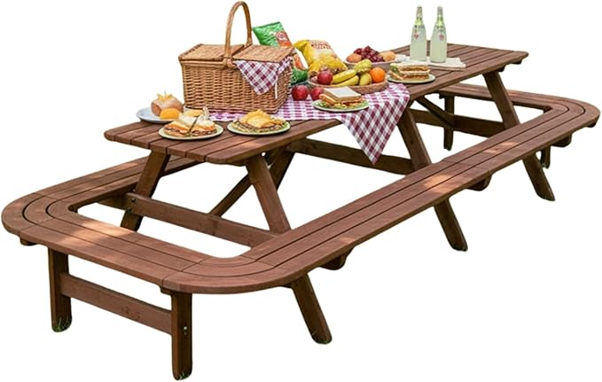 16-Person Picnic Table Set with Attached Benches & Umbrella Hole,Rectangle Brown Outdoor Wood Dining Table & Chairs for Patio Yard Garden Porch Deck