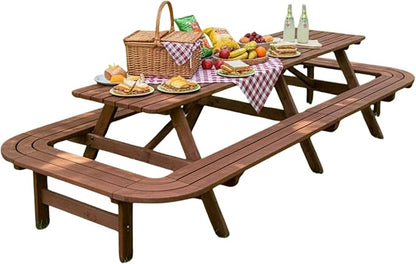 16-Person Picnic Table Set with Attached Benches & Umbrella Hole,Rectangle Brown Outdoor Wood Dining Table & Chairs for Patio Yard Garden Porch Deck