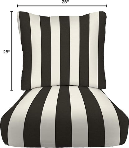 RSH DECOR: Deep Seating Cushion with Pillow Back | 25” x 25” Seat | Water and Fade-Resistant Spun Fabric | Outdoor Chair Cushion Set for Patio Furniture | Black & White Stripe