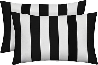 RSH Décor: Set of 2 Lumbar Throw Pillows | Indoor/Outdoor All Weather Polyester Fabric | Decorative Accent Cushions for Patio Furniture | Reversible | 26” x 16" | Black & White Stripe