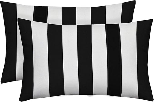 RSH Décor: Set of 2 Lumbar Throw Pillows | Indoor/Outdoor All Weather Polyester Fabric | Decorative Accent Cushions for Patio Furniture | Reversible | 26” x 16" | Black & White Stripe