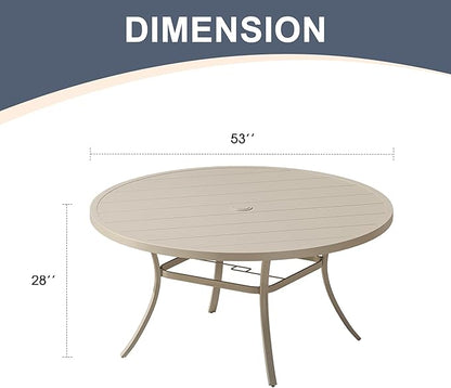 VICLLAX 53" Outdoor Round Patio Dining Table for 8, All Weather Metal Dining Table with Umbrella Hole for Deck Lawn Garden Backyard, Sandshell