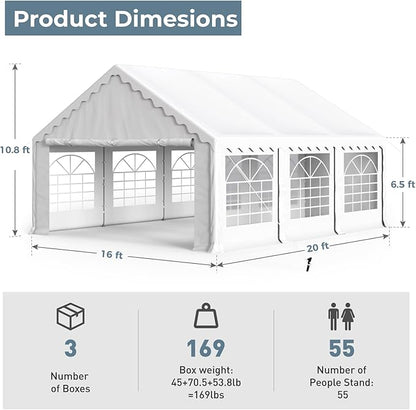 GREEN PARTY 16x20FT Party Tent Heavy Duty, Large Wedding Event Shelters with 3 Carry Bags & Removable Sidewalls, Outdoor Canopy Gazebo Commercial Tent for Carport Camping Garden Patio