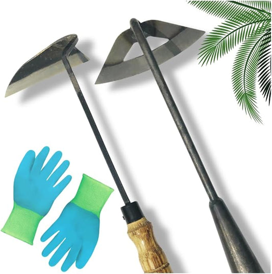 Pack of Gardening Tools Weeding Tool and Garden Hoe Weed Removal Tool with Blade Quick Weeder and Gardening Gloves (Hollow Hoe + Weeding Sickle)
