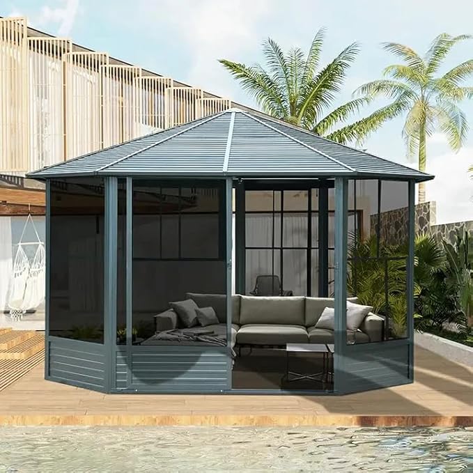 Domi 13x13FT Sunroom, Octagonal Solarium Aluminum Hardtop Gazebo with Galvanized Steel Roof, Detachable PE Screen, Sliding Door, Sun Room Pavilion Gazebo for Deck Backyard Garden