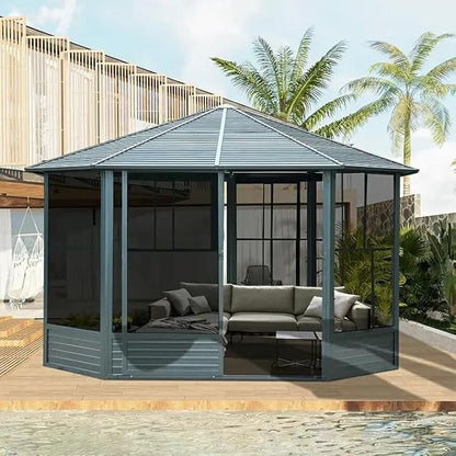 Domi 13x13FT Sunroom, Octagonal Solarium Aluminum Hardtop Gazebo with Galvanized Steel Roof, Detachable PE Screen, Sliding Door, Sun Room Pavilion Gazebo for Deck Backyard Garden