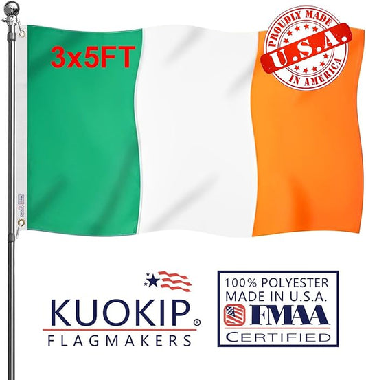 Double Sided Ireland Flag 2x3 Made in USA Outdoor Heavy Duty 3 Ply Polyester Irish Flag with White Starting Tape and 2 Brass Grommets