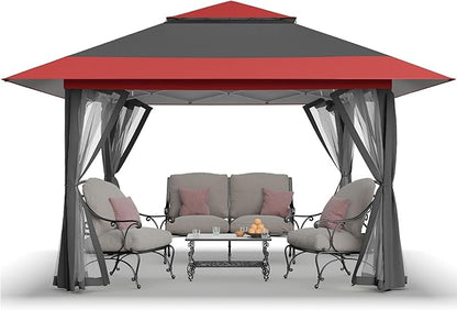 CROWN SHADES 11x11 Pop Up Gazebo, Patented One Push Outoor Canopy Tent with Wheeled STO-N-Go Cover Bag, Pop Up Canopy with Netting for Patio, Backyard (11x11, Red &Grey)