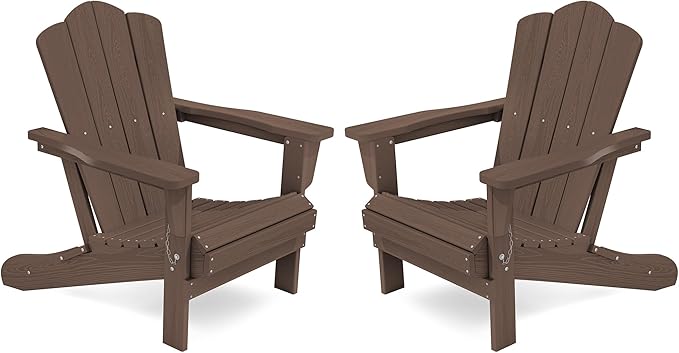 KINGYES Folding Adirondack Chair Set of 2, HDPE All-Weather Folding Adirondack Chair, Brown