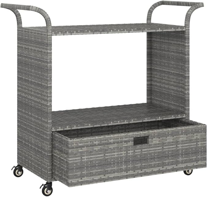 Outdoor Rolling Wicker Bar Cart with Drawer, Portable Bar Cart with Wheels, Patio Kitchen Island Cart for Pool Deck Backyard, Gray 39.4"x17.7"x38.2" Poly Rattan -461