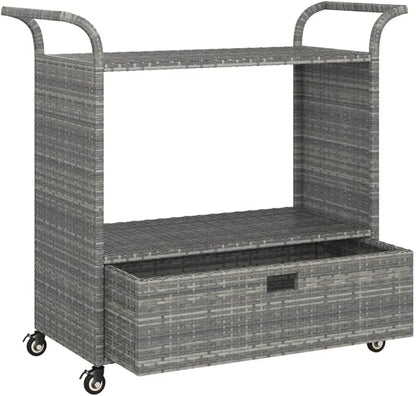 Outdoor Rolling Wicker Bar Cart with Drawer, Portable Bar Cart with Wheels, Patio Kitchen Island Cart for Pool Deck Backyard, Gray 39.4"x17.7"x38.2" Poly Rattan -461
