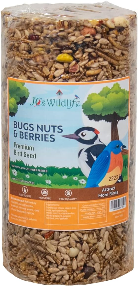 JCs Wildlife Bugs, Nuts and Berries Premium Bird Seed Small Cylinder with Hole, 1.5 lb (4 Cylinder)