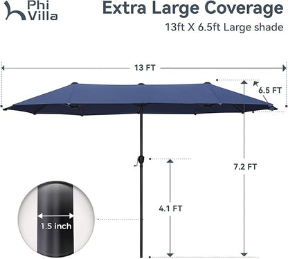 PHI VILLA 13ft Outdoor Market Umbrella Double-Sided Twin Large Patio Umbrella with Crank, Navy Blue