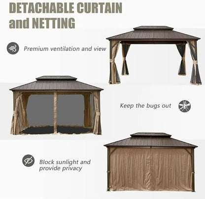Domi 10'x12' Hardtop Gazebo Canopy,Outdoor Metal Gazebo with Galvanized Steel Double Roof,Curtain and Netting,Permanent Pavilion for Patio Deck,Backyard