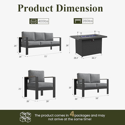 LayinSun 5 Piece Aluminum Outdoor Furniture Set with Fire Pit Table, Outside Patio Deep Seating Conversation Set with Upgraded Washable Thick Cushion
