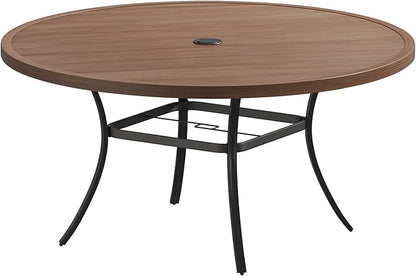 VICLLAX Outdoor Patio Round Dining Table, 60"x 60" Metal Slatted Round Tabletop with Adjustable Umbrella Hole for Deck Lawn Garden Backyard, Walnut