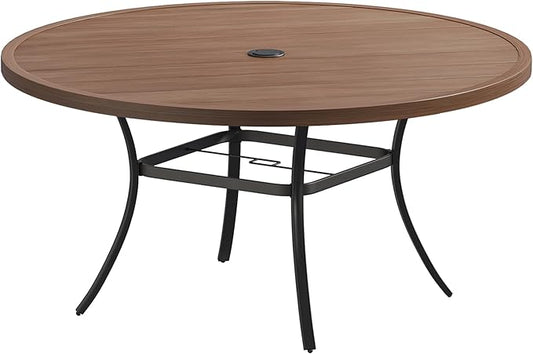 VICLLAX Outdoor Patio Round Dining Table, 60"x 60" Metal Slatted Round Tabletop with Adjustable Umbrella Hole for Deck Lawn Garden Backyard, Walnut
